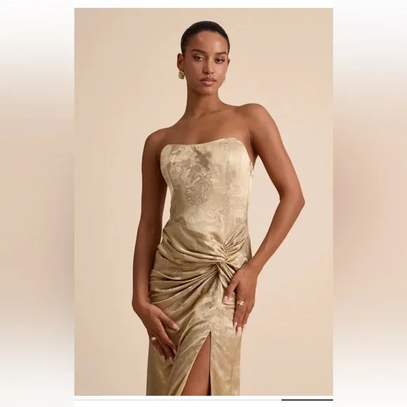 NWOT Lulus Whitney Gold Jacquard Strapless Twist-Front Maxi Dress - Picture 5 of 7